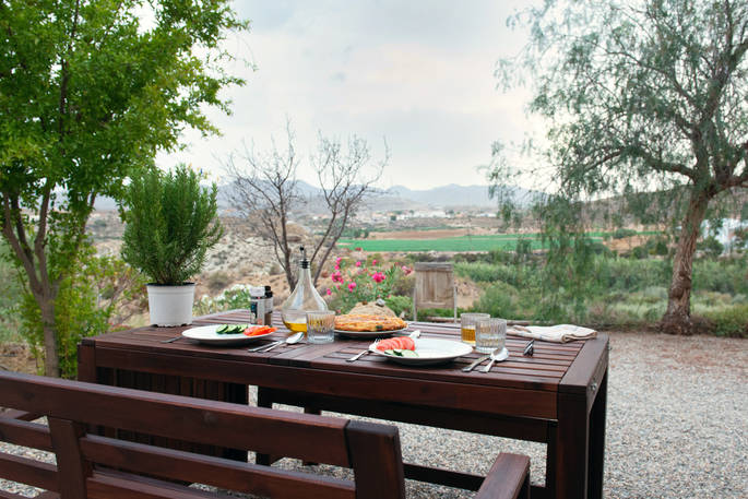 Casa Isadora Cave House - eating with view to the mountains, Almeria, Spain