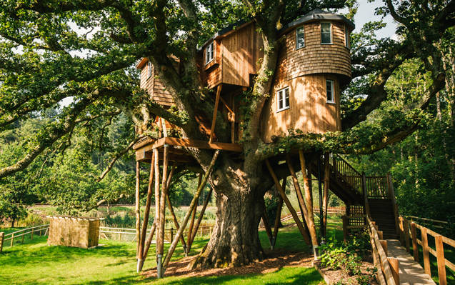 Treetops Treehouse two-storey treehouse in Devon sits sky-high within the branches of a 250 year old oak tree